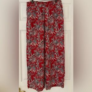 Ann Taylor Loft Pants Women's Red Floral Wide Leg Pull On Rayon Casual-Sz S